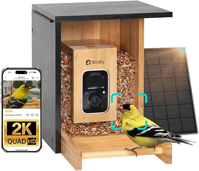 Birdfy Smart Bird Feeder with Camera, High-End Bamboo, Solar Powered Bird-Feeder with 2K Camera for Live Stream&Permanent AI Identifies Birds with Motion Detection,Ideal for Mom,Gran&Me