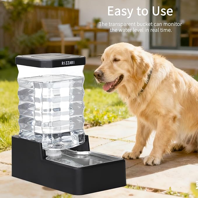 RIZZARI Stainless Steel Pet Water Feeder: 8.5L Large Gravity Waterer - Less Refills All-Day Water - No Mess Keeps Floors Dry - Quiet Refill - for Medium to Large Dogs - Workday/Day Trip