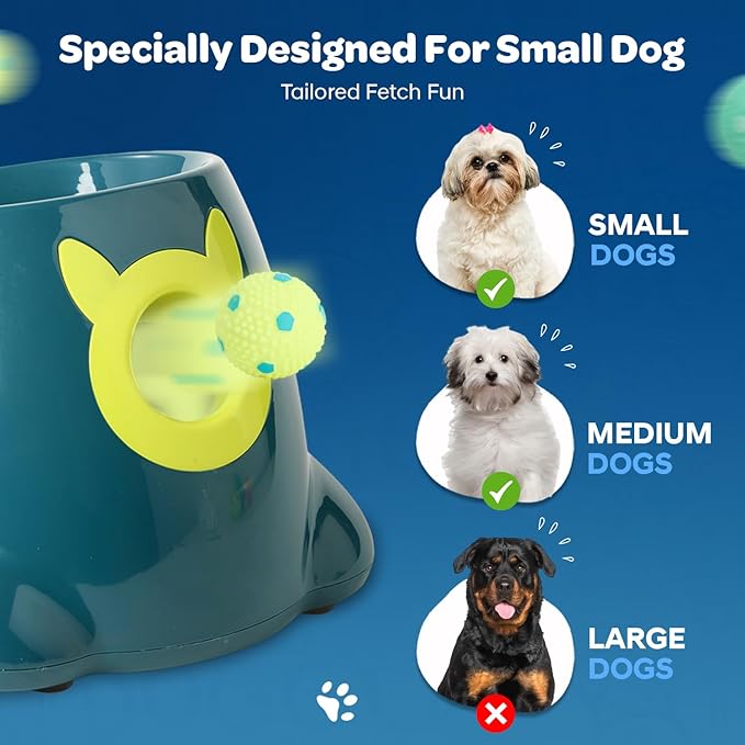Automatic Small Dog Ball Launcher - Remote Control Interactive Fetch Machine Thrower for Small and Medium Sized Dogs with 6 High-Bounce Washable Latex Balls, Training Clicker, and Whistle – Blue