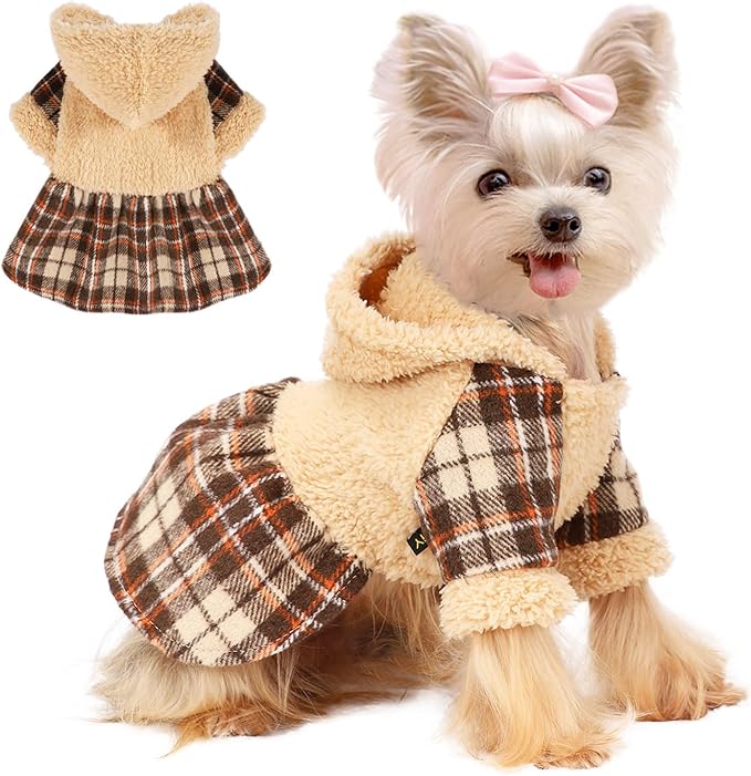 Dog Sweater Dresses for Small Dogs Girl, Winter Puppy Clothes Fleece Warm Puppy Hoodie, Pet Festival Outfits Apparel Clothing, Pet Outfits for Chihuahua Yorkie Skirt (XX-Small, Khaki)