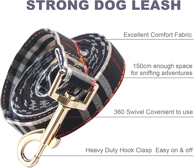 Cute Plaid Dog Collar Harness and Leash with Safety Buckle - Adjustable and No Pull Comfortable Dog Collars for Small Puppy, Stylish Durable Gift for Boy Girl Pets