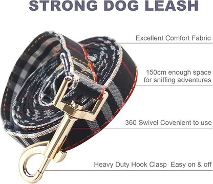 Cute Plaid Dog Collar Harness and Leash with Safety Buckle - Adjustable and No Pull Comfortable Dog Collars for Small Puppy, Stylish Durable Gift for Boy Girl Pets