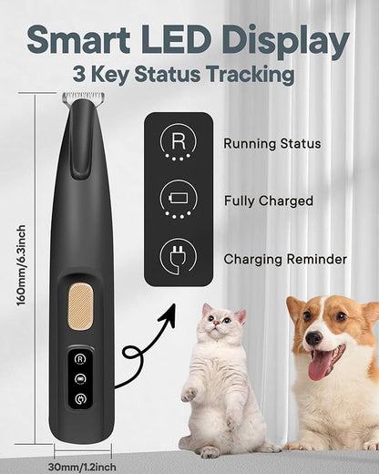 Upgraded Dog Paw Trimmer with LED Light, 18 mm Widen Blade, 35 dB Low Noise, LED Display, Fully Waterproof, Rechargeable Clipper for Dogs Cats Trimming Paws, Eyes, Ears, Face, and Rump (Black)