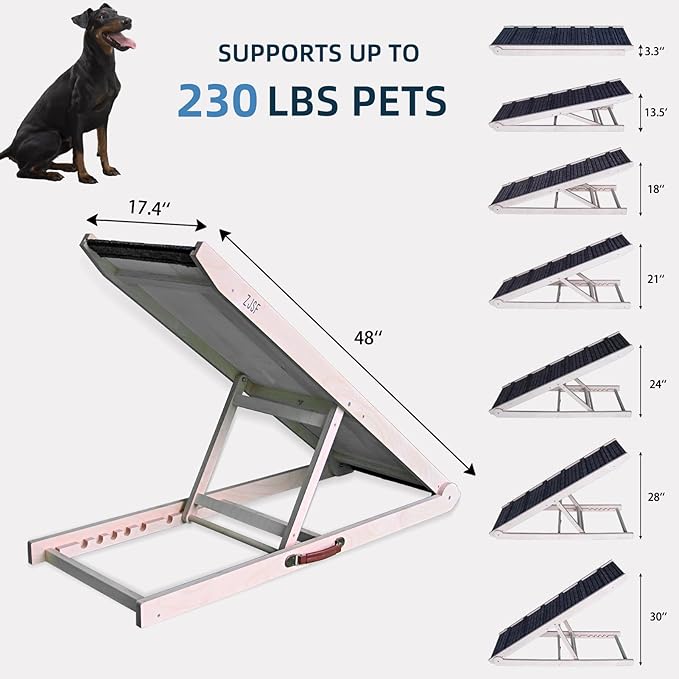 ZJSF Dog Ramp for Bed,Foldable Wooden Portable Non-Slip Dog Ramp for Couch,Small to Large Pet Ramp for Cars,Stairs with High Traction Mat,6 Adjustable Height from 13.5" to 30",Supports up to 230lbs