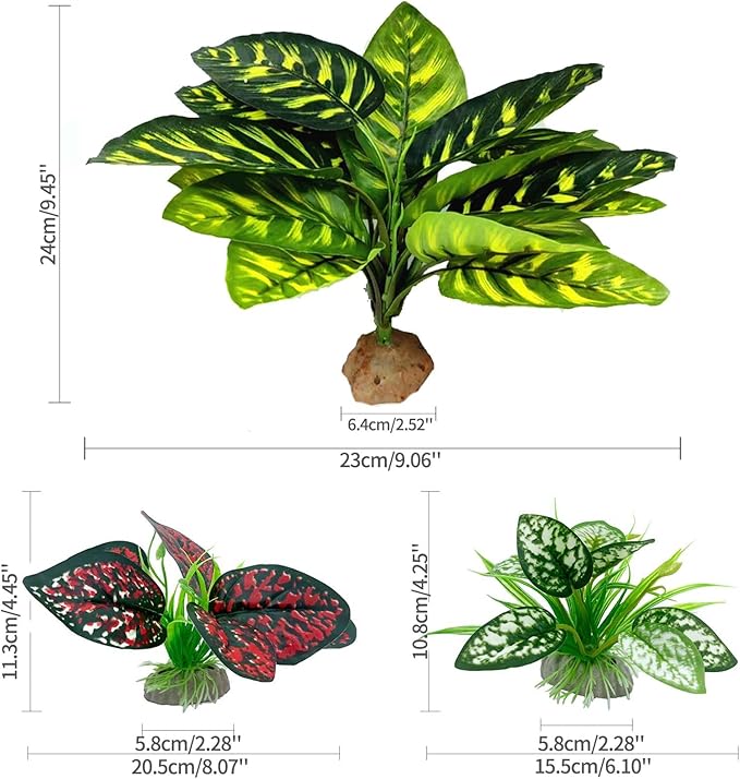 Moonorange Reptile Artificial Plants, Terrarium Plants Decorations Supplies, Aquarium Fish Tank Plant, Amphibian Habitat Hideout Tank Accessories(L Set-3pcs/B)