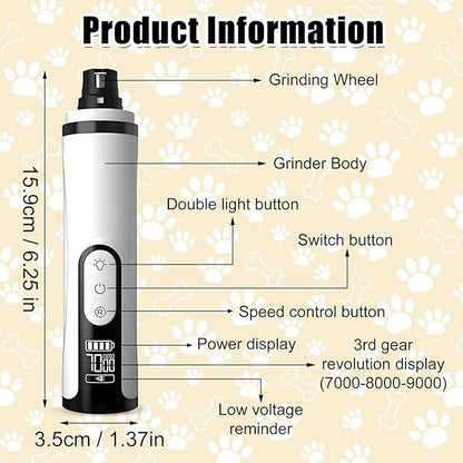 Upgrade Dog Cat Nail Grinder Cordless with LED Light & 3 Speeds, Dog Cat Nail Trimmer with 2000mAh Long-Lasting Battery for Thick Nails (1+1*Replacement Head)