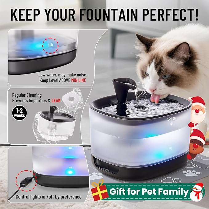 Veken Cat Water Fountain with Detachable Tank, 6 Filters & 6 Sponges, Easy to Clean & Assemble, 84oz/2.5L Pet Drinking Dispenser with Quiet Operation & LED Light for Cats, Dogs and Small Pets, Black