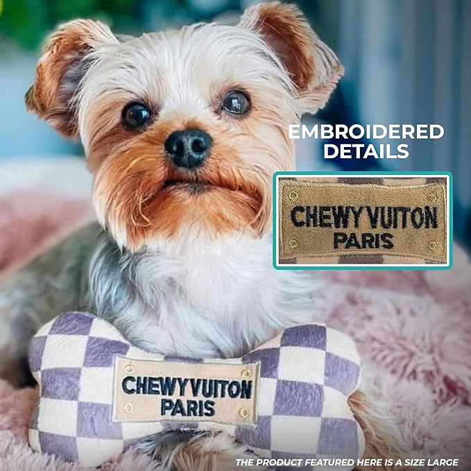 Haute Diggity Dog Checker Chewy Vuiton Bone, Plush Designer Dog Toys with Interactive Squeaker, Stimulating Pet Enrichment, Machine-Washable & Safe Materials for All Breeds, Size XL