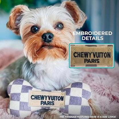 Haute Diggity Dog Checker Chewy Vuiton Bone, Plush Designer Dog Toys with Interactive Squeaker, Stimulating Pet Enrichment, Machine-Washable & Safe Materials for All Breeds, Size XL