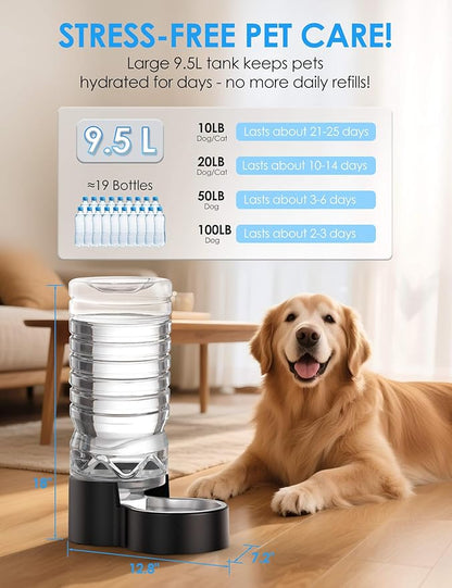 2.5 Gallon Automatic Dog Water Dispenser【Wide Mouth for Easy Hand-in Cleaning】【Removable Stainless Steel Bowl】, Gravity Refilling Large Capacity for Cats and Dogs, Multi-Pet Homes
