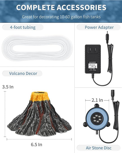 Uniclife Aquarium Volcano Ornament Kit Realistic Resin Volcanic Decoration with Air Stone Bubbler Red LED Light Decor for Fish Tank Landscape Addition and Oxygenation