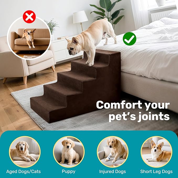 Dog Stairs for Bed, Extra Wide 5-Step Dog Steps for High Bed, High-Density Foam Pet Stairs with Non-Slip Removable Washable Cover for Small Pets, 23" H, Brown