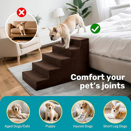 Dog Stairs for Bed, Extra Wide 5-Step Dog Steps for High Bed, High-Density Foam Pet Stairs with Non-Slip Removable Washable Cover for Small Pets, 23" H, Brown