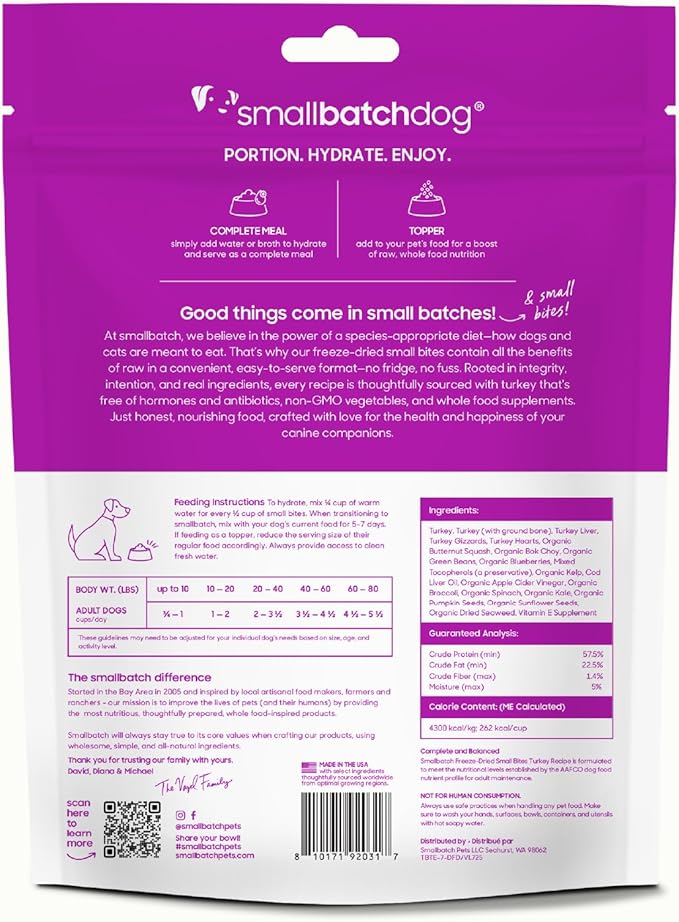 smallbatch Pets Freeze-Dried Raw Dog Food – Turkey Recipe – 7oz Small Bites – High Protein, Grain Free – Complete Meal or Topper – Made in USA with Organic Superfoods7 Oz, Turkey