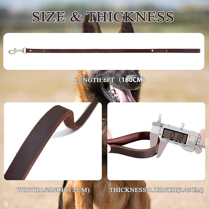 LWBMG Leather Dog Leash 6 ft, Dog Leashes for Large Dogs Heavy Duty Dog Leash Soft Handmade Leather Training Leash for Small Medium Large Dogs Walking, Training, Hiking, and Running Brown
