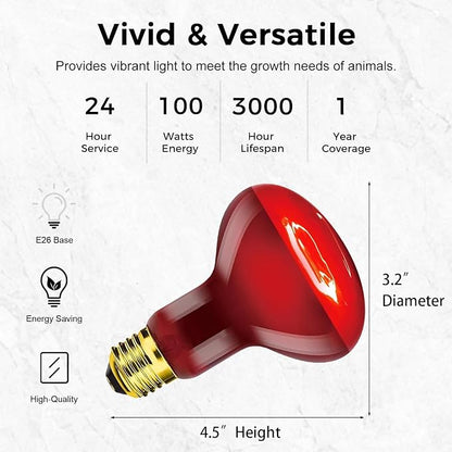 MISDOOD Red Reptile Heat Lamp Bulb 100W, Infrared Heat Emitter Red Heat Lamp for Reptile Amphibian, Infrared Basking Spot Light Bulb 2PCS