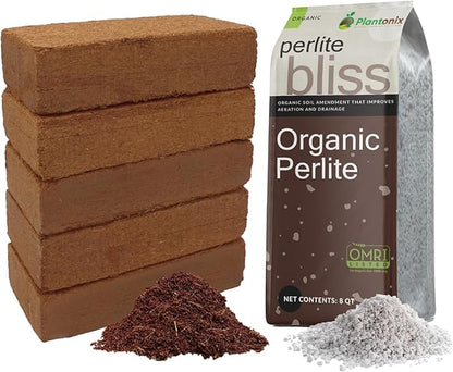 Coco Bliss 650gm Bricks (5-Pack) + Perlite Bliss (8 Qts) - Coco Coir Bricks & Organic Perlite for Plants - Coco Coir Perlite Mix - Organic Coco Coir for Plants - Coconut Coir Bulk Potting Soil Mix