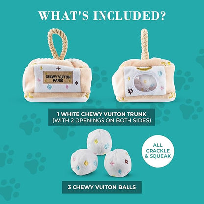 Haute Diggity Dog White Chewy Vuiton Trunk Activity House, Plush Designer Dog Toys with Interactive Squeaker, Stimulating Pet Enrichment, Machine-Washable & Safe Materials for All Breeds, One Size