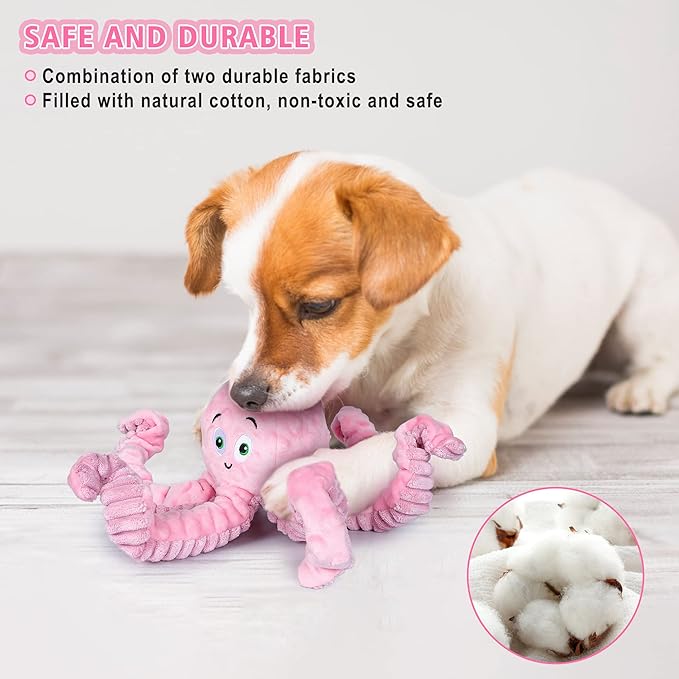 Dog Squeaky Toys Octopus - Tough Plush Large Medium & Small Dog Toys - Stuffed Animals Puppy Toys (Octopus Pink)
