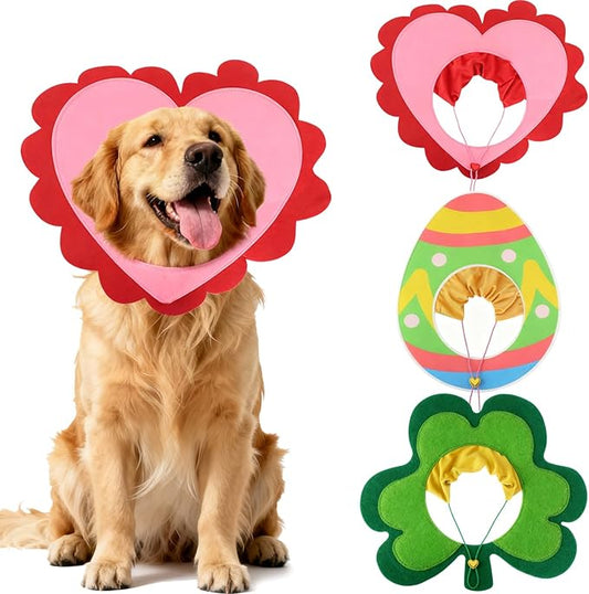 3 PCS Holiday Dog Outfits Set, Valentine’s Day, St. Patrick’s Day, Easter Dog Outfits with Adjustable Headband for Medium Large Dogs, Dog Cat Holiday Party Costumes and Supplies (L: 16"-22")