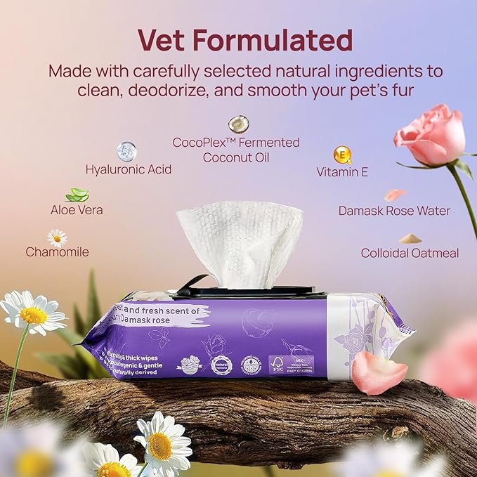 HICC PET Wipes for Dogs and Cats, Vet-Recommended Pets Cleaning Wipes, Deodorizing Hydrating, Nourishes Smoothes Fur, Fermented Coconut Oil Grooming Paws Body and Butt, Horse Skin Coat, Rose, 100pcs