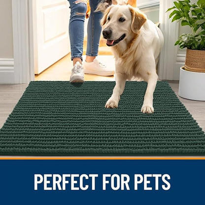 OLANLY Dog Door Mat for Muddy Paws 59x20, Ultra Absorbent Chenille Mud Doormat, Non-Slip Washable and Dirt Trapping Doormat for Indoor Entryway, Quick-Dry Indoor Pet Bed Mats for Dogs, Blackish Green