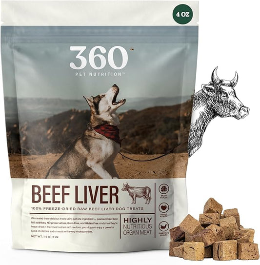 360 Pet Nutrition Freeze-Dried Raw Beef Liver Dog Treats – Single Ingredient, High Protein, Grain-Free, All-Natural Training Snacks, Made in USA, 4 oz
