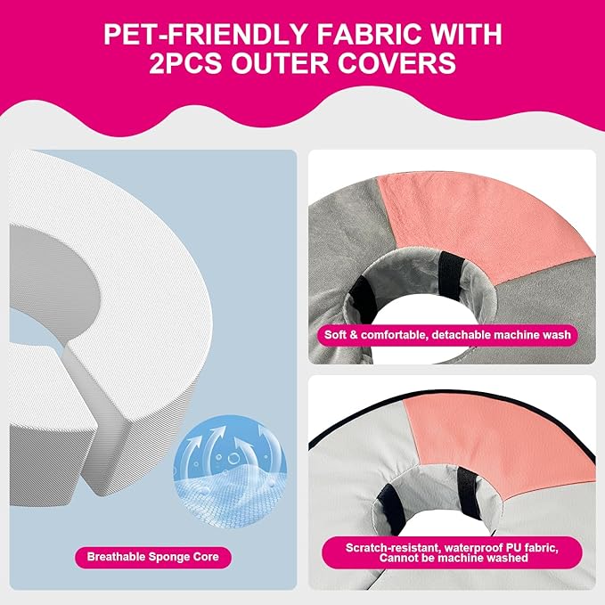 Sponge Core Dog Cat Cone Collar for After Surgery Recovery, Inflatable Dog Cone Alternative, Lainergie Dogs Donut Collar Adjustable with 2PCS Cover for Large Medium Small Dogs Cats (Grey+Pink, XXL)