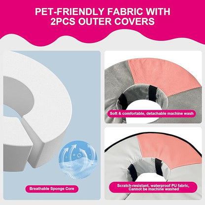 Sponge Core Dog Cat Cone Collar for After Surgery Recovery, Inflatable Dog Cone Alternative, Lainergie Dogs Donut Collar Adjustable with 2PCS Cover for Large Medium Small Dogs Cats (Grey+Pink, XXL)