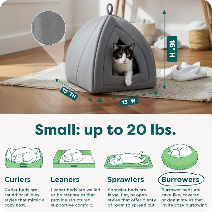 FurHaven Cat Bed Cave for Indoor Cats & Small Dogs, Washable & Foldable Pet Tent with Removable Cushion, Small, Polar Fleece, Heather Gray