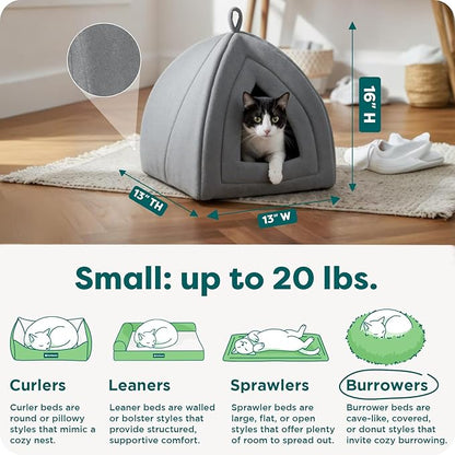 FurHaven Cat Bed Cave for Indoor Cats & Small Dogs, Washable & Foldable Pet Tent with Removable Cushion, Small, Polar Fleece, Heather Gray