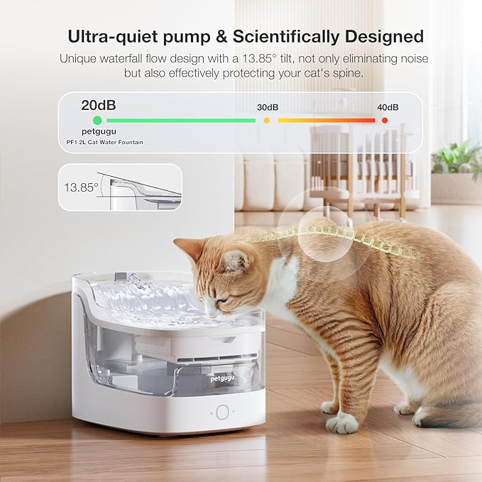 Cat Water Fountain, Automatic Water Dispenser, 2L Pet Water Fountain Transparent Water Tank, 8 Layers Filters Cat Fountain Dog Water Fountain Wireless Pump 2.4G WiFi PF1L