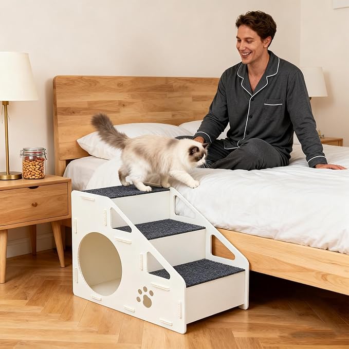 Pet Stairs - 42x32x32cm Non-Slip Cat Ladder, 4-Step Couch Ramp, High Bed Access for Small Medium Large Cats Dogs Indoor Play Area Steps | Soft Sturdy Foam Pet Furniture Easy Assembly Climbing Aid Use