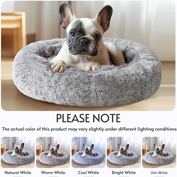 JOLLYVOGUE Small Dog & Cat Beds for Indoor Cats, Donut Cuddler Warming Soft Dog Beds with Anti-Slip Bottom, Round Calming Fluffy Plush Faux Fur Cushion Bed for Medium Dogs (27", Smoke Grey)