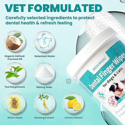 Wider Dental Care Finger Wipes 60 Counts,Teeth Cleaning Finger Wipes for Dogs & Cats,Reduces Plaque & Supports Oral Freshness, Unscented