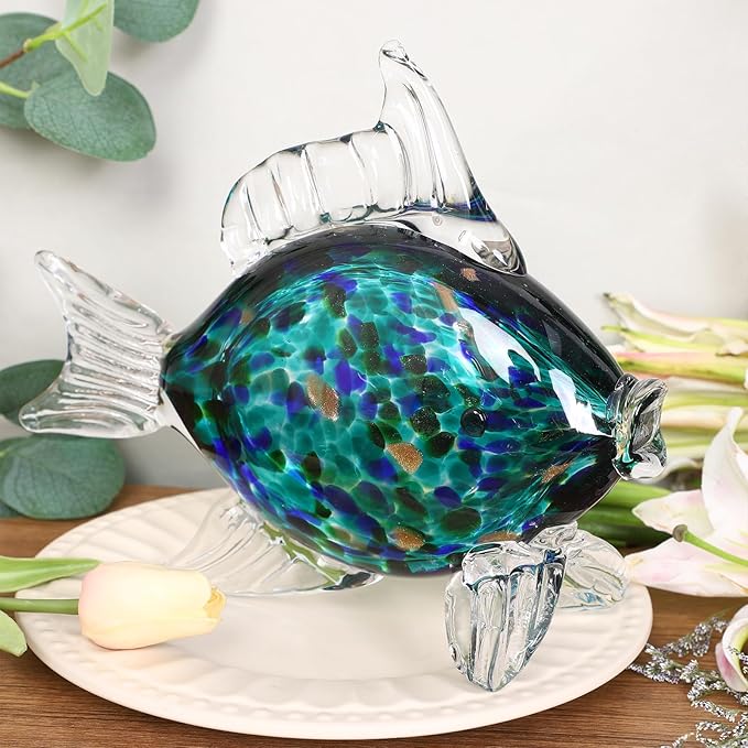 LCCCK Large Hand Blown Glass Fish Figurines, Aquarium Sea Glass Art, Fish Statue Sculpture Modern Coastal Accent - for Beach Knick Knacks, Coffee Tables, Nautical Offices Centerpiece (Teal)