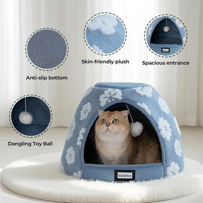 BALANCE Cat Beds for Indoor Cats, 2-in-1 Cat Bed Cave with Anti-Slip Bottom and Ultra-Soft Plush, Cozy Cats House Tent for Kittens and Small Dogs, 19 Inches, Blue