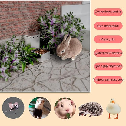 Rabbit Feeder - Small Animal Stainless Steel Gravity Feeding Trough with Lid, Outdoor Durable Cage Feeder Holds Several Days' Food (4 Inch/1.5Lbs)