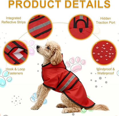 Dog Raincoat, Dog Rain Jacket Waterproof Jacket Reflective Adjustable Hooded Pet Rain Coat with Leash Hole, (Red, 3XL), Intended for Large Medium Small Puppies