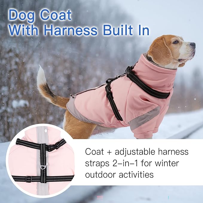XS Dog Winter Coat with Harness Built in - Turtleneck with Sleeves| Reflective Water-Repellent Jackets for Cold Night,Warm Snow Suit for Snowy Day,Chihuahua (Light Pink)