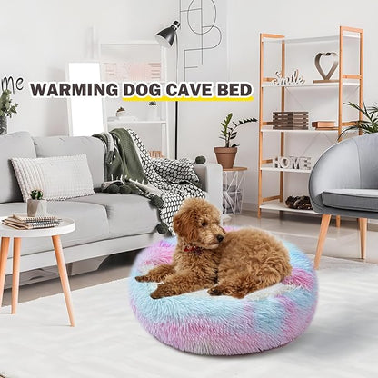 Cat Bed for Indoor Cats, Calming Cozy Cave with Self-Warming Plush, Entire Bed Machine Washable & Anti-Slip Base, Breathable Pet Bed for Small Cats&Dogs All Seasons (Dazzling colors, 24*24inch)