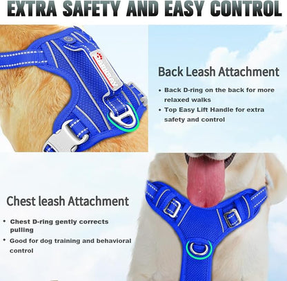 BARKBAY No Pull Dog Harness Large Reflective Dog Harness with Front Clip and Easy Control Handle for Walking Training Running with ID tag Pocket(Sapphire Blue,L)
