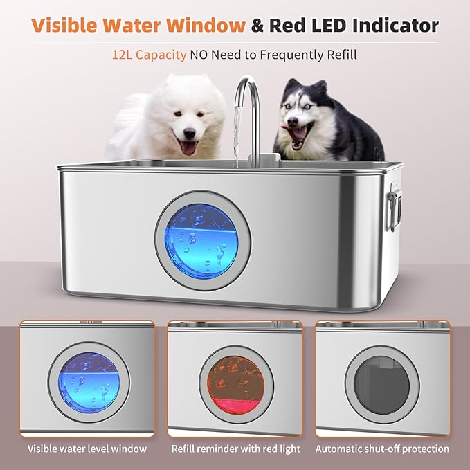 12L/3.2Gal Dog Water Fountain Stainless Steel with Silicone Mat & 3 Set Filters, DYSJ01 Dog Fountain Water Bowl for Large Dogs Cats & Multi-Pet Home with Water Level Window & LED Indicator