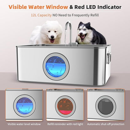 12L/3.2Gal Dog Water Fountain Stainless Steel with Silicone Mat & 3 Set Filters, DYSJ01 Dog Fountain Water Bowl for Large Dogs Cats & Multi-Pet Home with Water Level Window & LED Indicator