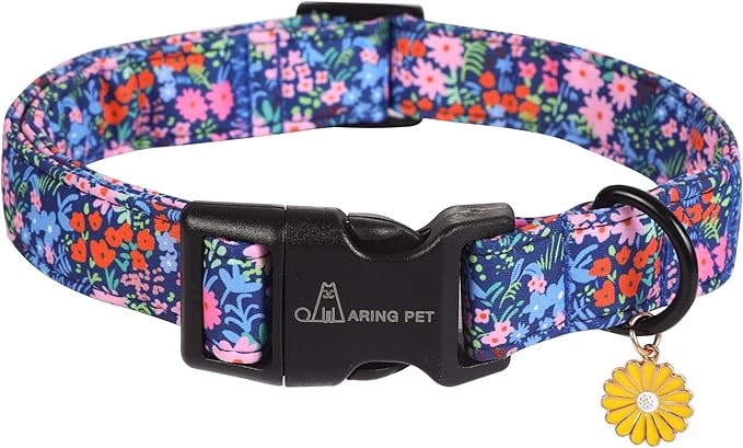 ARING PET Floral Dog Collar, Cute Blue Pink Orange Flower Pet Collars for Puppy Small Medium Large Boy Girl Dogs-L
