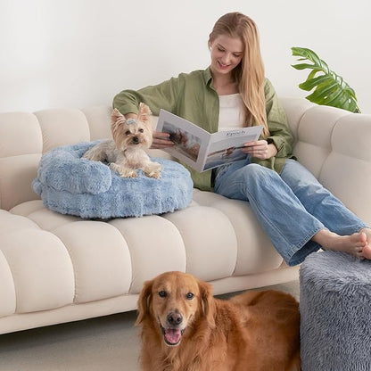 EHEYCIGA Small Dog Bed and Cat Couch - Fluffy Faux Rabbit Fur Pet Sofa with Washable Removable Cover, Waterproof and Non-Slip, 26 Inch, Baby Blue