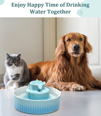 Ceramic Cat Water Fountain, Ceramic Pet Fountain, 2.1 L Drinking Fountains Bowl for Cats and Dogs with Replacement Filters and Foam(Sky Blue)