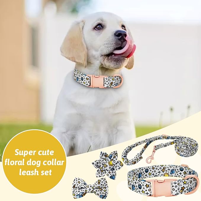 Dog Collar and Leash Set Girls Adjustable Puppy Collars with Floral Bow Tie for Small Medium Large Female Dogs, Solar System, M