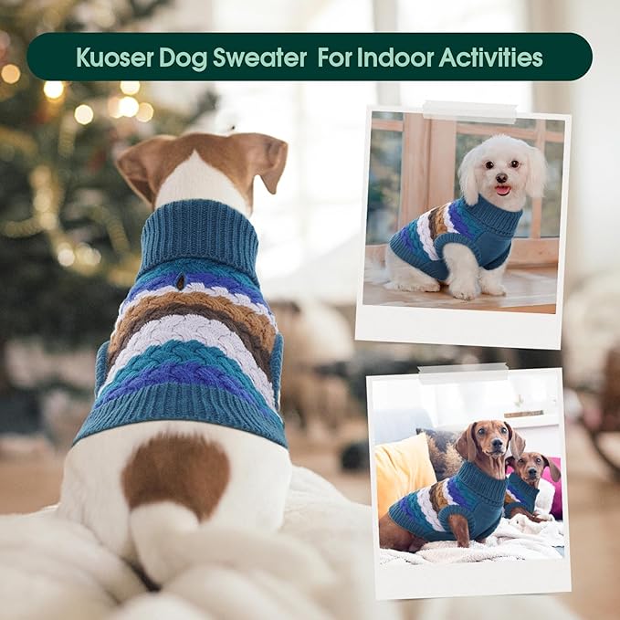 Kuoser Dog Sweater, Thermal Dog Sweaters for Medium Dogs Girl Boy, Puppy Christmas Sweater Thrtleneck Knitwear, Cozy Sweaters for Dogs, Thanksgiving Pet Outfit Warm Clothes for Fall Winter, Blue M