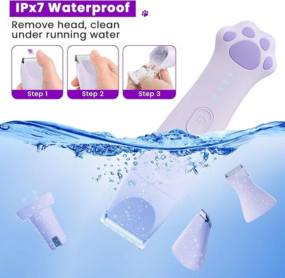 Dog Paw Trimmer - 4-in-1 Dog Clippers Grooming Kit with Low Noise & IPX7 Waterproof Design Includes Comb Paw Trimmer Nail Grinder - Rechargeable & Cordless Pet-Friendly Clipper (Purple)